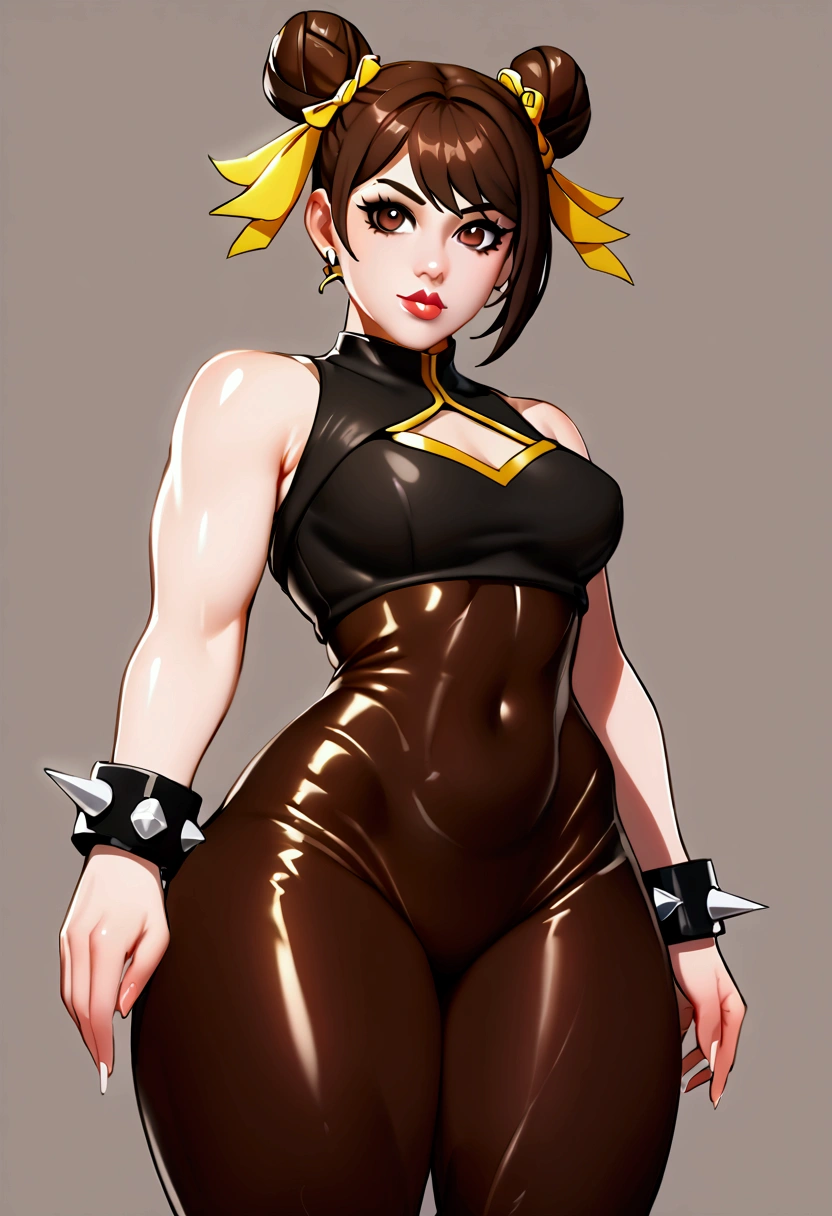 chunlifortnite, 1girl, short hair, brown hair, ribbon, brown eyes, jewelry, hair ribbon, sleeveless, hair bun, bracelet, lips, crop top, double bun, bodysuit, thick thighs, spikes,spiked bracelet, unitard, studded bracelet, chun-lin, 