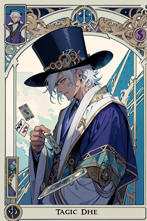 1 boy, 18 years old,(short white hair:1.1),blue eyes,magician, top hat((hat decorated with tarot cards)), victorian robe, (zendi...