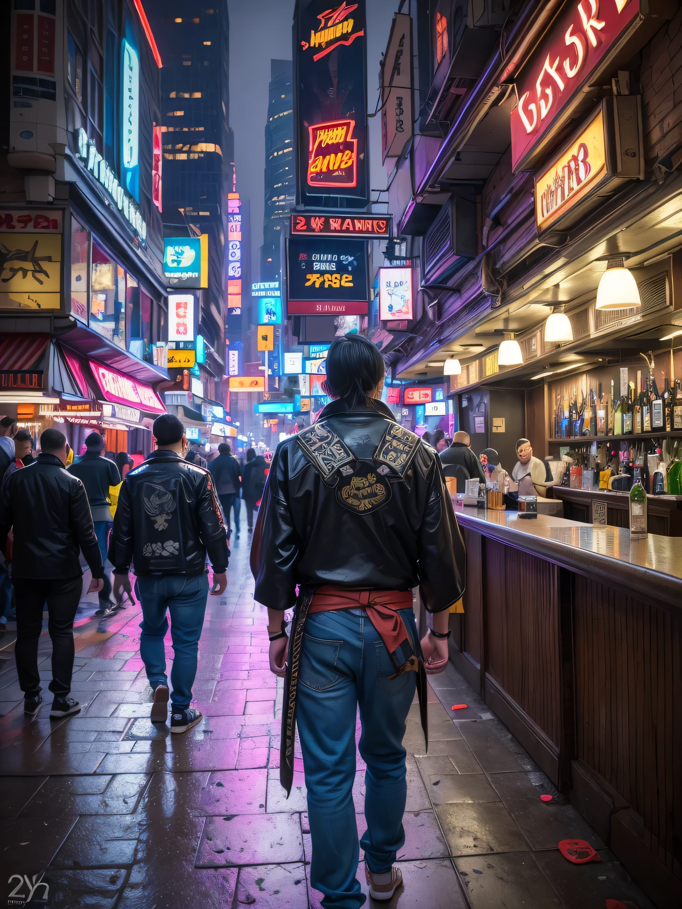 (((Masterpiece))),high resolution,realistic details,sharp focus, hyper-realistic photo of 2 samurais at a bar,(((2 guys at a bar))),(samurai outfit),Fisheye 5 mm lens taken from behind, cyberpunk scene, cyberpunk vibe, New York city in the year of 2527. Super futuristic bar, sharp details,anatomically correct bodies, depth in vision,(depth in vision 1.3), illuminated by vibrant neon lights and holograms. Capture the scene from a street-level perspective during a dark and rainy night. The atmosphere should convey a bustling yet ominous mood, highlighting the contrast between the dystopian environment and advanced technology.(Very detailed: 1.3),4k, back shot