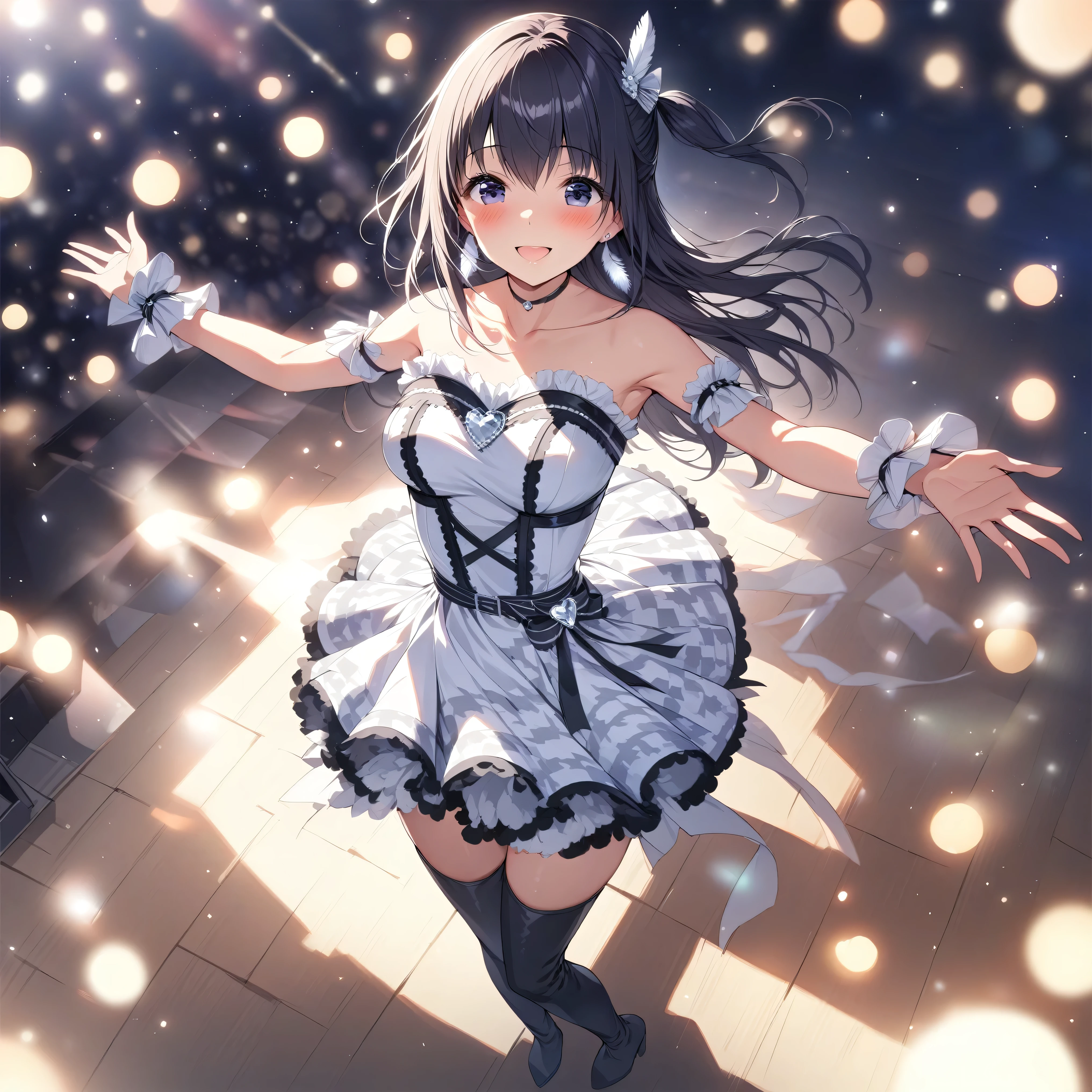 [high quality, best quality], cinematic, from above, wide shot, 1girl, solo, nagase mana, one side up, idol costume, black choker, feather earrings, thigh boots, standing, on stage, outstretched arms, singing, smile, blush, depth of field, bokeh, bloom, hdr, 