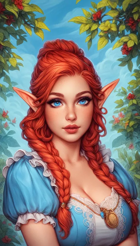 cute farmgirl with braids. ((red haired woman, milf woman, have a haircut, pointy ears, elf ear)), perfectly round face. beautif...