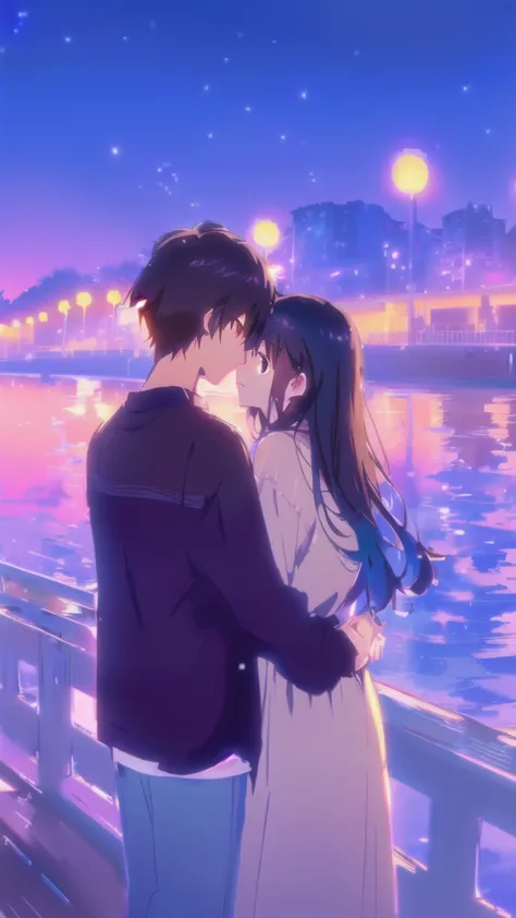 at the wharf at night、anime couple standing with city lights in the background, beautiful anime, sakimichan and makoto shinkai, ...