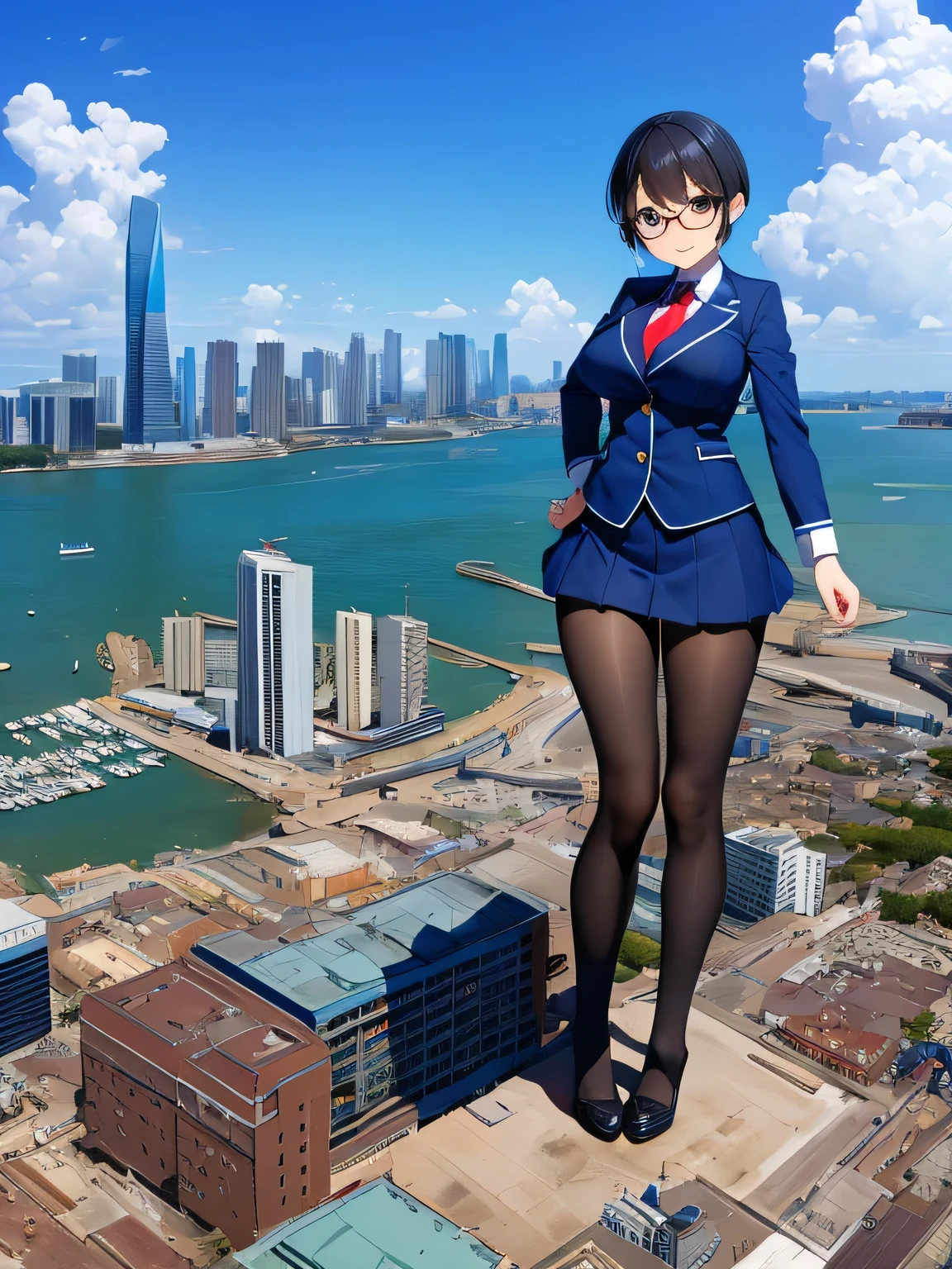 multiple girls, 3girls, standing, giantess art, highly detailed giantess shots, giantess, most detailed, perfect face, Two legs, Five fingers, short hair, A high school girl who is bigger than a skyscraper, Wearing rimless glasses, smile, huge breasts, Navy blazer, Red tie, mini skirt, black pantyhose, no shoes on, toes visible through pantyhose, Steam coming out from the soles of my feet, seaside metropolis, numerous miniature warships on the sea, Destroying cities, Under heavy attack, A very small big city, Miniature metropolis, Full body description, GTS, giga giantess, stomping city, crash city, tiny city, micro city, pantyhose feet, High resolution, highest quality, masterpiece, 