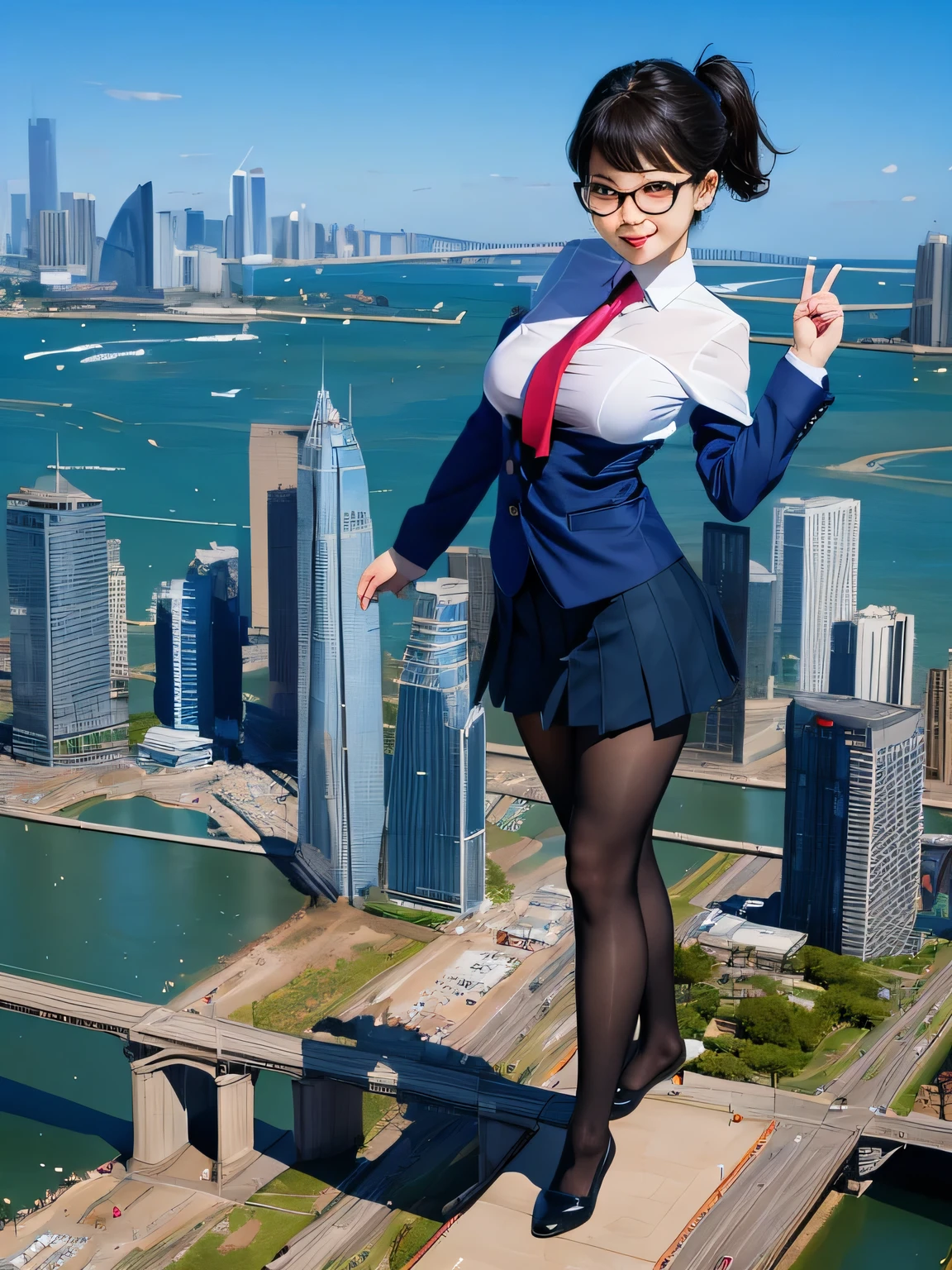 multiple girls, 3girls, standing, giantess art, highly detailed giantess shots, giantess, most detailed, perfect face, Two legs, Five fingers, short hair, A high school girl who is bigger than a skyscraper, Wearing rimless glasses, smile, huge breasts, Navy blazer, Red tie, mini skirt, black pantyhose, no shoes on, toes visible through pantyhose, Steam coming out from the soles of my feet, seaside metropolis, numerous miniature warships on the sea, Destroying cities, Under heavy attack, A very small big city, Miniature metropolis, Full body description, GTS, giga giantess, stomping city, crash city, tiny city, micro city, pantyhose feet, High resolution, highest quality, masterpiece, 