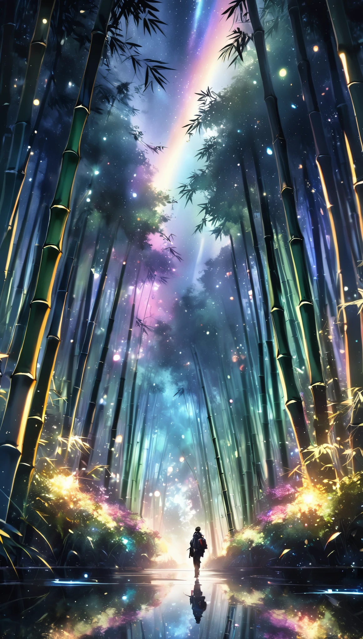 Bamboo forest on a dark night, Delicate and sharp, crisp outline, Soft internal illumination, Many tiny fireflies flying around, Holographic sparkle all over, Vibrant colors, Fantastic rainbow reflections, Metallic luster, A balance and harmony between pitch black darkness and shining particles, Sharp and delicate, Watercolor style CG, High Contrast, Perfectly Tuned Octane Rendering, super retina vision, NRART, The ultimate aesthetic,