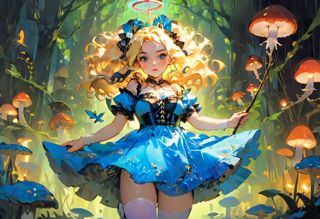 a beautiful 20 year old blonde woman with big messy hair in a blue dress, white stockings, black headband, cleavage, holding a glowing mushroom, fantasy art style, rossdraws cartoon vibrant, alice x. zhang, alice in wonderland cyberpunk, cute detailed digital art, colorfull digital fantasy art, digital fantasy art ), glossy digital painting, rossdraws pastel vibrant, rossdraws 2. 5, rossdraws 1. 0