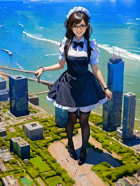 girl bigger than a skyscraper, wearing rimless glasses, smiling, huge breasts, maid, maid outfit, black pantyhose, no shoes, toe...