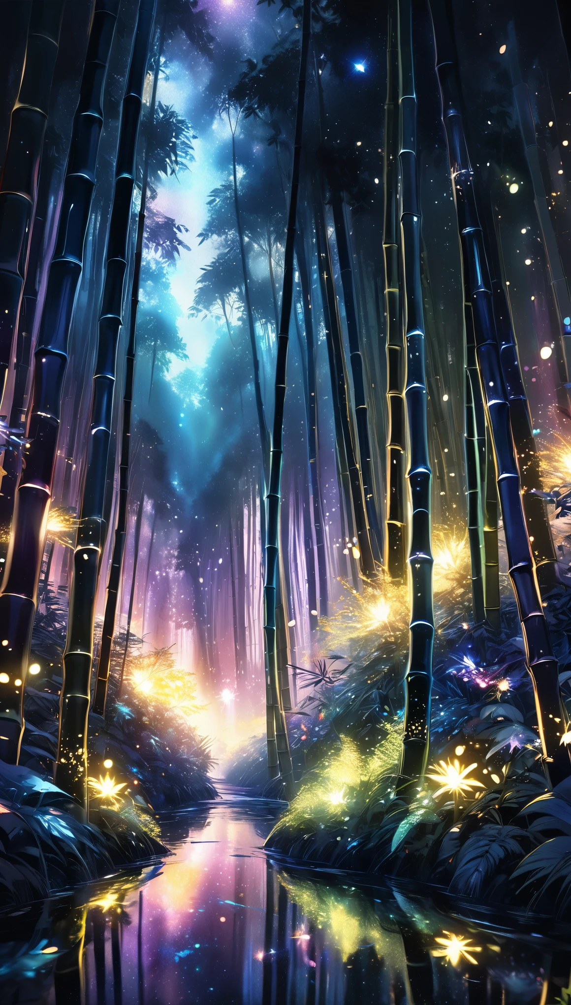 a dark bamboo forest at night, detailed intricate glowing fireflies, holographic sparkles scattered throughout, vibrant chromatic colors, fantastical rainbow reflections, metallic sheen, balance of pitch black darkness and shimmering particles, sharp and delicate, watercolor style CG, high contrast, perfectly tuned octane rendering, dramatic chiaroscuro lighting, NRART, ultimate aesthetics