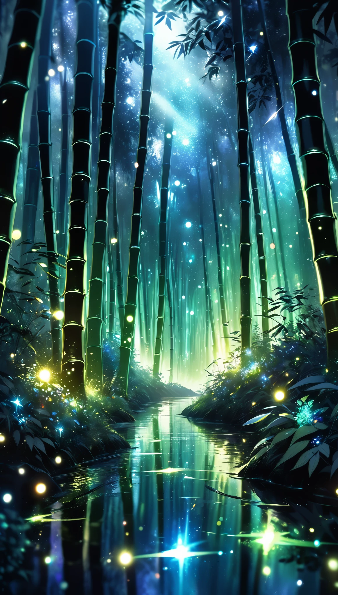 a dark bamboo forest at night, detailed intricate glowing fireflies, holographic sparkles scattered throughout, vibrant chromatic colors, fantastical rainbow reflections, metallic sheen, balance of pitch green darkness and shimmering particles, sharp and delicate, watercolor style CG, high contrast, perfectly tuned octane rendering, dramatic chiaroscuro lighting, NRART, ultimate aesthetics