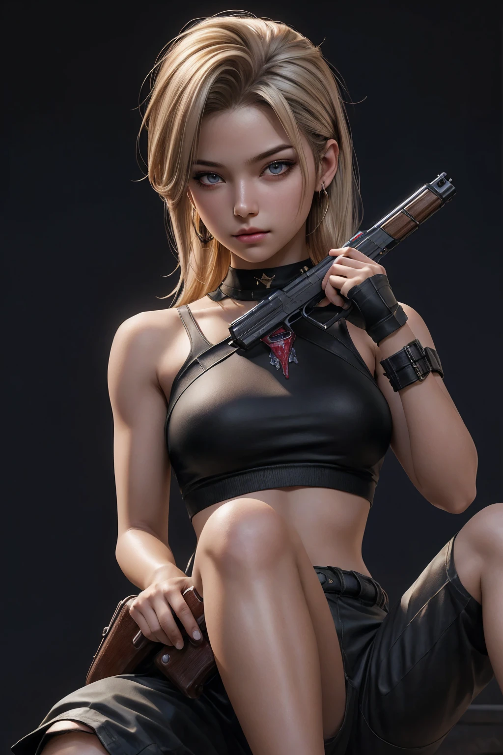 Best quality,masterpiece,ultra high res,(photorealistic:1.4)1girl,white background,solo,blood,arm guards,simple background,male focus,looking at viewer,black eyes,tabi,floating hairfull body,, (gun:1.3), holding gun, dirty blonde,,upper body,cargo shorts,sitting,