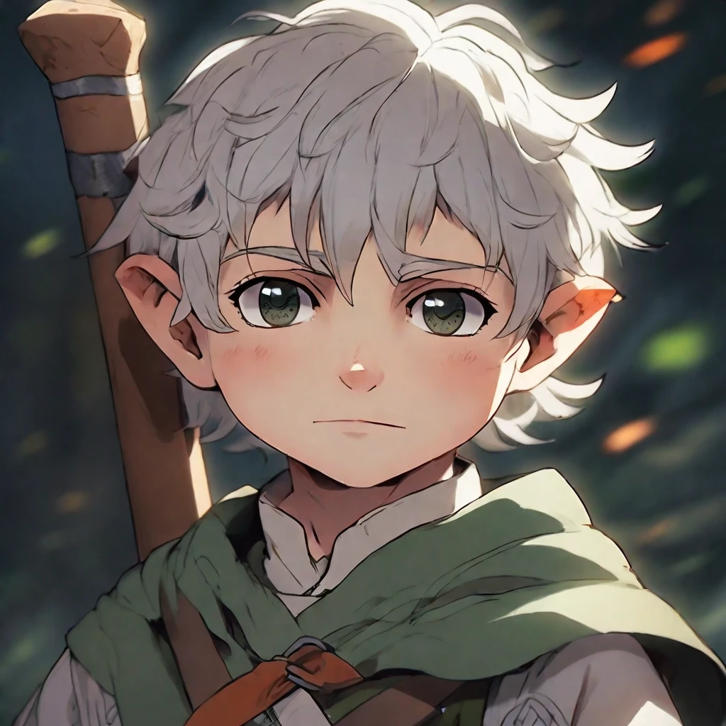 Halfling man, white hair, hazel eyes, pale, character portrait, cara sarcástica, anime style, anime