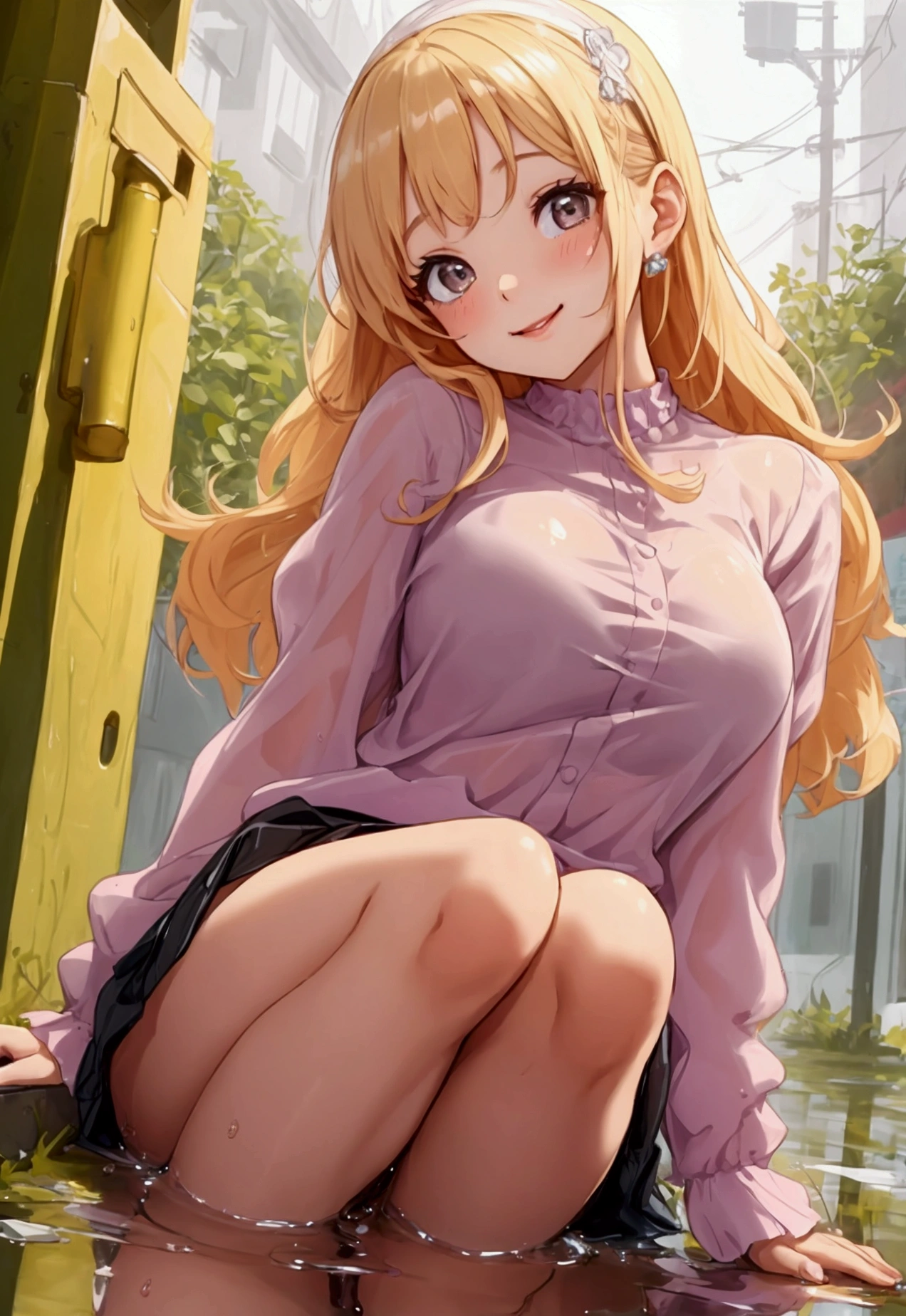 A cute girl in a tight blouse sits in a puddle of urine with a cheerful look 