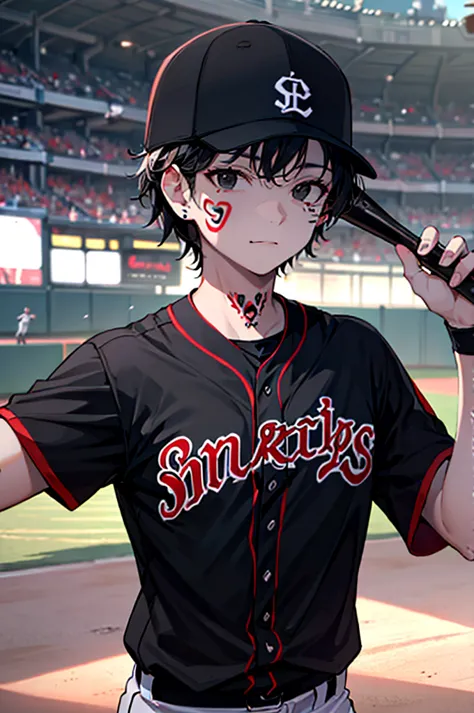 facial tattoo, baseball, black baseball uniform, holding a bat, (black hair, black eyes)