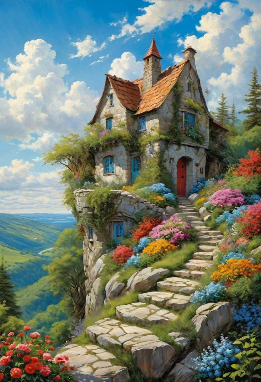 Vibrant, detailed digital painting of a whimsical, multi-story house perched on a rocky cliff. The house features a mix of wooden and stone elements, with steep, red-tiled roofs and multiple chimneys. The structure is surrounded by lush greenery, including trees, bushes, and colorful flowers, creating a lively and enchanting atmosphere. The sky is filled with fluffy, white clouds against a bright blue backdrop, adding to the overall cheerful and magical feel of the scene. The painting is rich in color and texture, with intricate details that bring the fantasy setting to life.