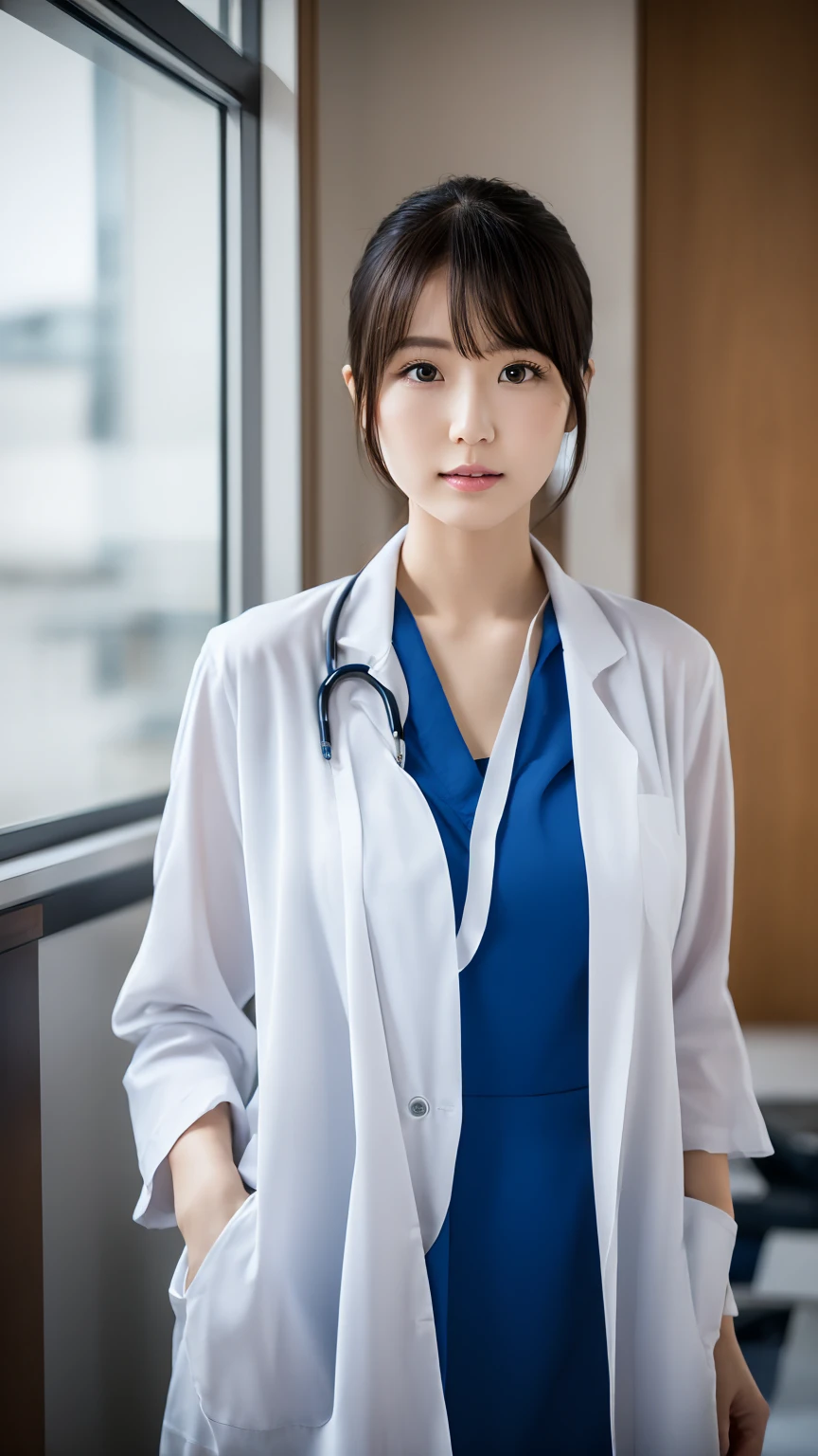 (4K, 8k, best quality, masterpiece:1.2), (realistic, RAW photo:1.0), ((the front, upper body:1.5)), Baby face big, ２８age、Japanese、Very beautiful woman、 (female docter:1.5, dressed in a professional white lab coat, Inner is wearing a blue dress):1.5、1 girl,独奏, beautiful skin, realistic natural light, 