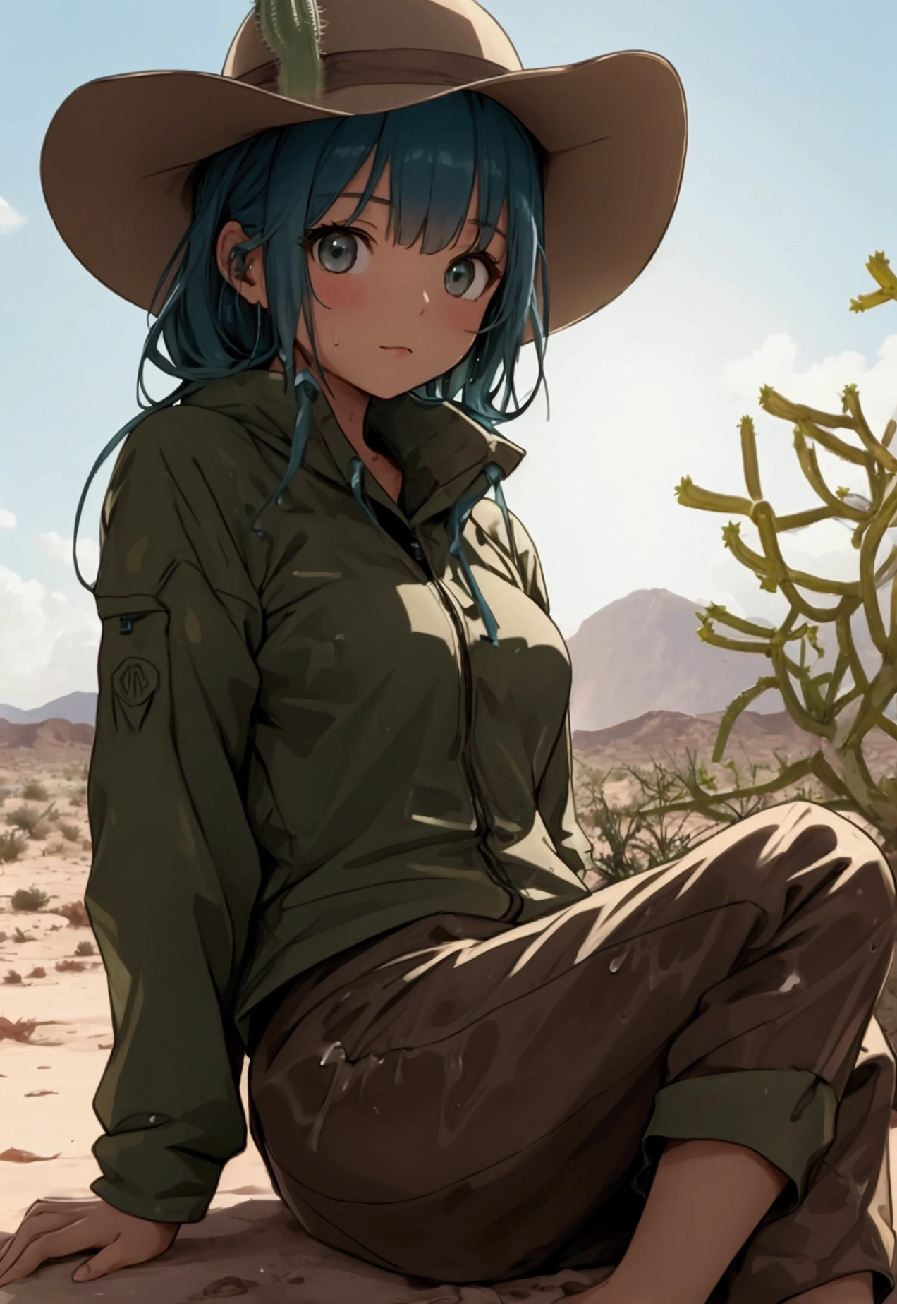 Cute girl sitting alone in the desert in wet clothes on a cactus 