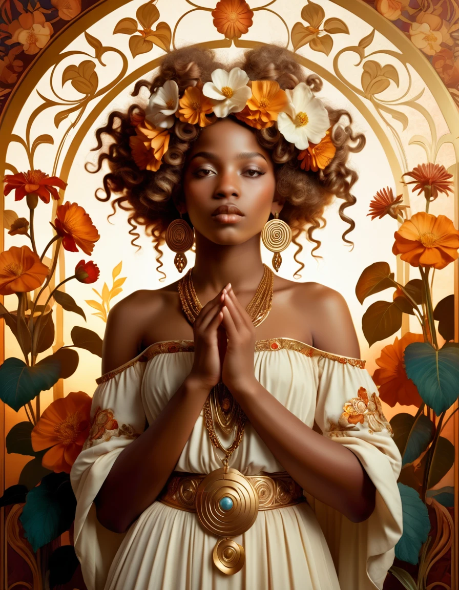 old (Masterpiece, Best Quality, Highres:1.2) Art Nouveau Style Beautiful African Woman with large Hair Shaped as Flowers and large necklaces in the Style of Alphonse Mucha, portrait of a beautiful cute, Gestures of Roman Art, Dreamy Looks, Full of Romanticism, very beautiful, standing artistically, realistic natural, professional light distribution, very artistic lighting gradation, artistic detail, highly detailed, centered, Nymph-pattern vintage wallpaper with dramatic backlighting casting deep shadows, featuring a meticulously crafted illustration inspired by Dan Mumford and Alphonse Mucha, hyper-realistic and photorealistic textures, extremely detailed with intricate floral and foliage elements, octane rendered in 8K (extremely detailed 8k wallpaper), Golden ratio, hidden ancient African symbols (, Spiral), balanced design, color harmony, Vernis Martin, golden, ancient mythology, artistically twisted edges, reminiscent of old-world craftsmanship with a contemporary edge, volumetric lighting, ultra fine details.