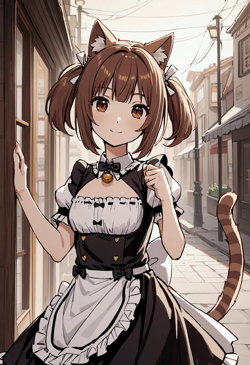 azuki, 1 girl with short brown hair, short hair, brown eyes, cat ears, cat striped tail, maid uniform, very small pigtails, cafe...