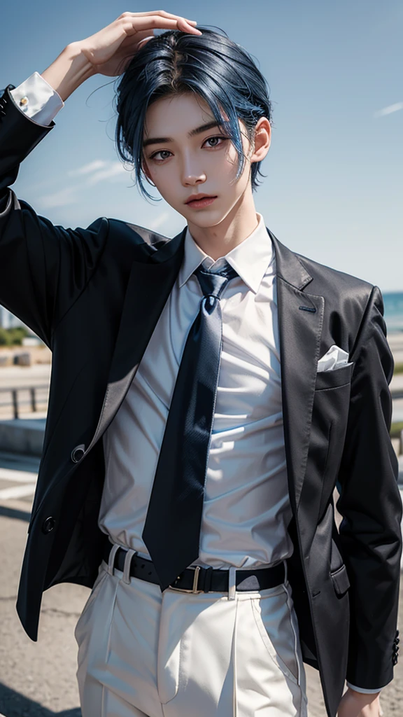 Blue Hair, White skin, 18-year-old, Super Detail, masterpiece, 8k, 1 Boy, Korean, wonderful, Idol appearances, high quality, refresh, high quality, White shirt, Black trousers, Long tie in black, Beautiful androgynous man, , refresh, summer, Sky blue background, clear, Natural light, Fujifilm, Make your eyes look more natural, Color cosmetics, Prime