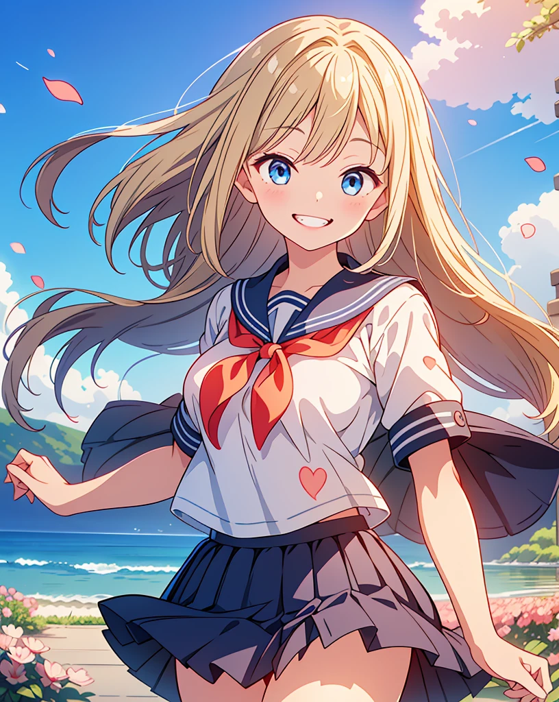 Highest quality, 32K, High resolution, masterpiece:1.5, A cute Japanese, Cute anime-style illustration, Rich emotional expression, An exceptionally beautiful face, , Perfect Human Anatomy, Big light blue eyes, Motherhood and generosity, Deep Love, Wake up, Expressing emotions, Have a rich imagination, Cute Japan, Perfect Human Anatomy, Magical big eyes, Motherhood and generosity, Deep Love, ((A mischievous smile:1.6)), Shiny Blonde, Super long straight silk hair swaying in the wind, Asymmetrical bangs, Hair between the eyes, Transparent, soft white skin, Sharp eyebrows, Thin lashes, Natural Makeup, Cheek highlighter, Detailed and cute lips, (Short-sleeved sailor uniform:1.3), ((Navy blue pleated skirt:1.1)), Slim figure with ample breasts, Beautifully detailed skies, ((Vibrant petal effect:1.2)), mysterious