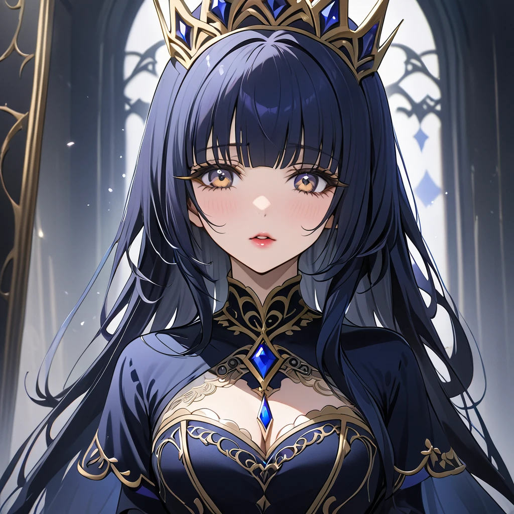 ((Highest quality)), ((masterpiece)), (detailed), （Perfect Face）、The woman is Reika Aoki, an evil queen with midnight blue semi-long hair.、She is wearing a gorgeous black dress with gold embroidery and trim, and is wearing makeup including lipstick and eyeshadow.