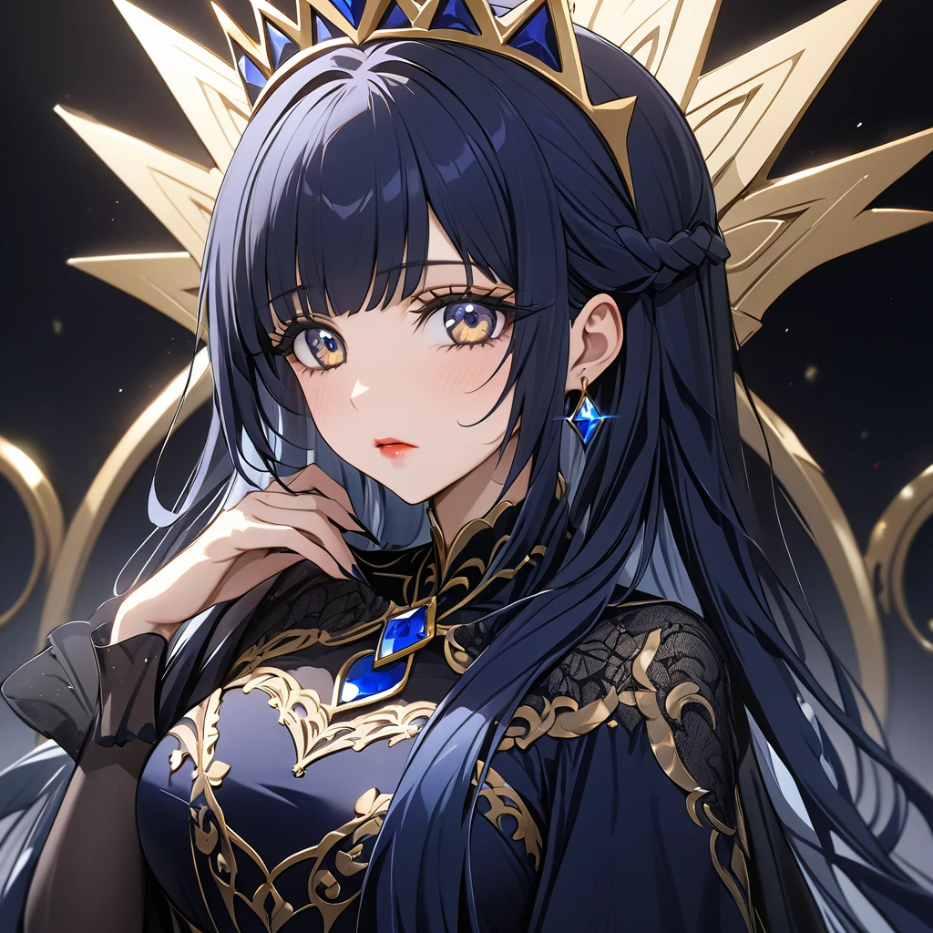 ((Highest quality)), ((masterpiece)), (detailed), （Perfect Face）、The woman is Reika Aoki, an evil queen with midnight blue semi-long hair.、She is wearing a gorgeous black dress with gold embroidery and trim, and is wearing makeup including lipstick and eyeshadow.