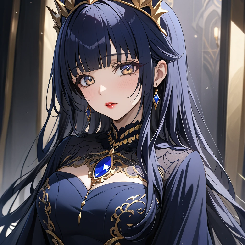 ((Highest quality)), ((masterpiece)), (detailed), （Perfect Face）、The woman is Reika Aoki, an evil queen with midnight blue semi-long hair.、She is wearing a gorgeous black dress with gold embroidery and trim, and is wearing makeup including lipstick and eyeshadow.