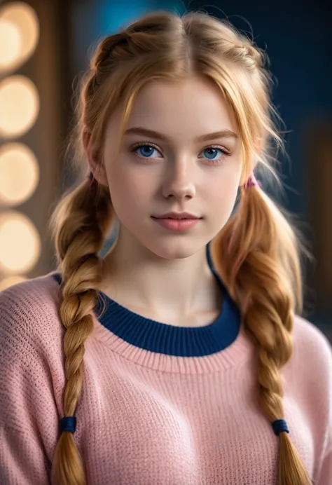 a young lady aged 16 yrs, with long strawberry blonde hair, wavy hair, tied in two pigtails. she is wearing a pink sweater, with...