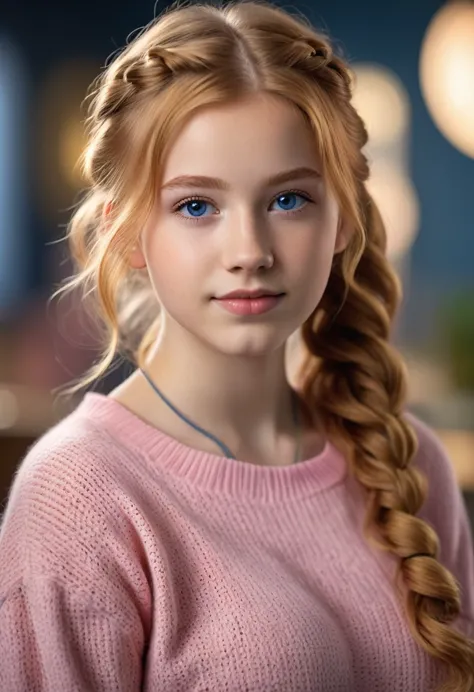 a young lady aged 16 yrs, with long strawberry blonde hair, wavy hair, tied in two pigtails. she is wearing a pink sweater, with...