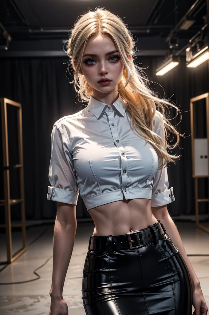 cowboy shot,a pretty 21 year old girl,blond hair,blue eyes,lora_Emma,slim athletic body,tight and stretched white shirt with buttons,button gap,short sleeves,black shiny latex pencil skirt,(double metal belt),(very subtle midriff exposure),empty studio,(best quality,4k,8k,highres,masterpiece:1.2),ultra-detailed,(realistic,photorealistic,photo-realistic:1.37),dramatic lighting,cinematic,fashion photography,studio lighting,high contrast,vivid colors,beautiful detailed eyes,beautiful detailed lips,extremely detailed eyes and face,long eyelashes, hair on one side, touching hair