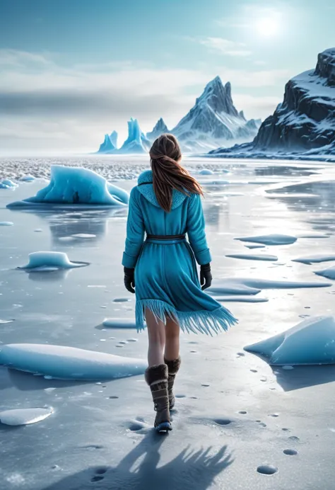 a girl walking on a frozen beach on another planet, realistic photo