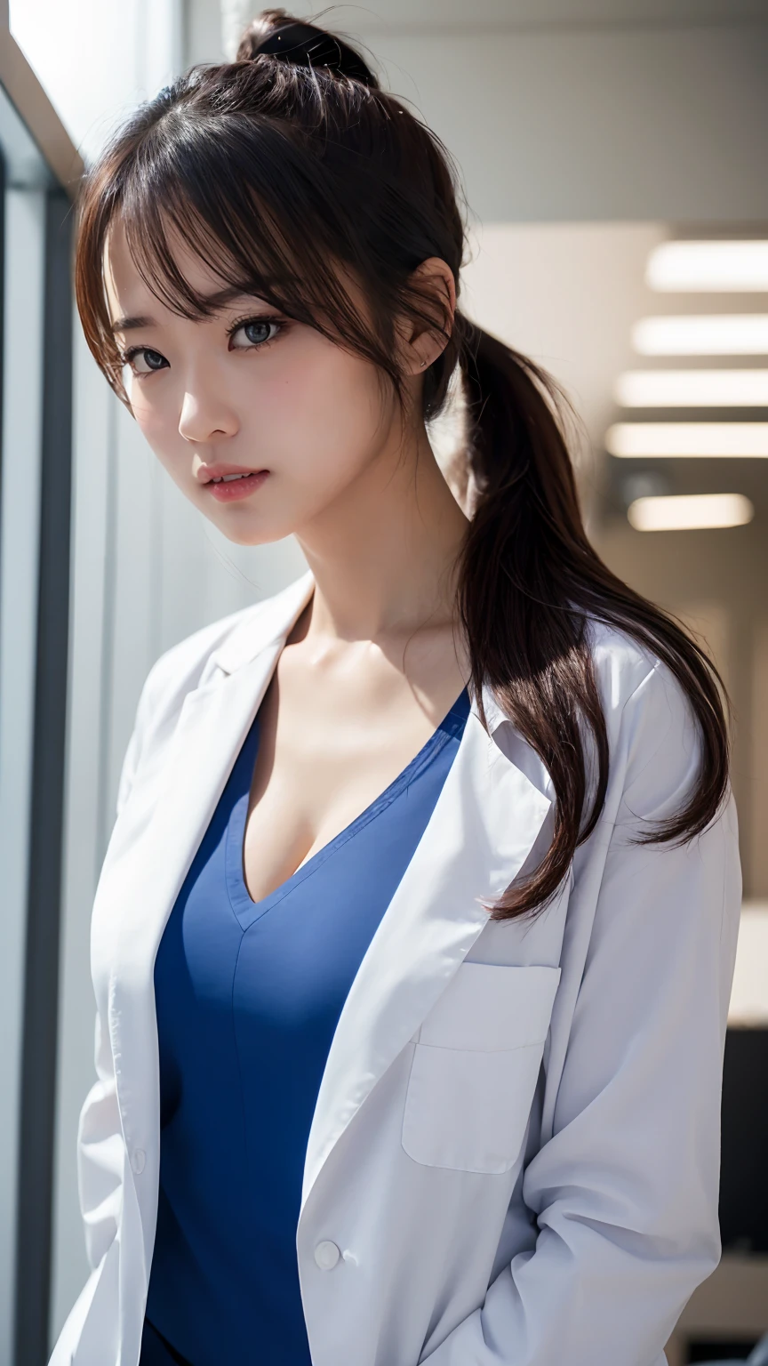 Upper body photo、(4K, 8k, best quality, masterpiece:1.2), (realistic, RAW photo:1.0), ((The body is facing forward:1.3)), Large Breasts、G-cup breasts、Cleavage spilling out from the blue shirt、２８age、Very beautiful woman、Ponytail Hair、 (female docter, dressed in a professional white lab coat, Inner is wearing a blue shirt):1.5、1 girl,独奏, beautiful skin, realistic natural light, women,sexy、The shirt doesn&#39;t come off、Outdoors in the sunlight、Wearing a skirt