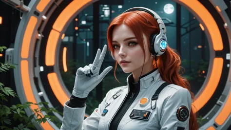 there is a woman in a spacesuit with headphones., garota cyberpunk sonhadora, on cyberpunk style, hiper-realistic cyberpunk styl...