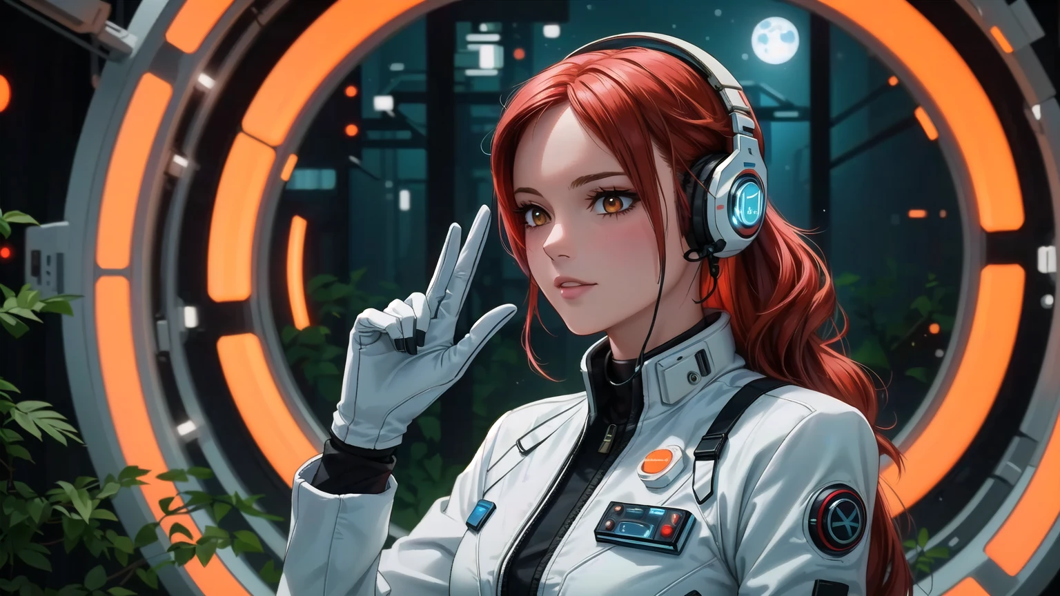 There is a woman in a spacesuit with headphones., garota cyberpunk sonhadora, on cyberpunk style, hiper-realistic cyberpunk style, portrait beautiful science fiction girl, beautiful woman in spacesuit, cyberpunk female redhead, portrait anime space cadet girl, soviet cyberpunk style, science fiction look, retrato de uma science fiction woman, muted cyberpunk style, cyberpunk photo, science fiction woman