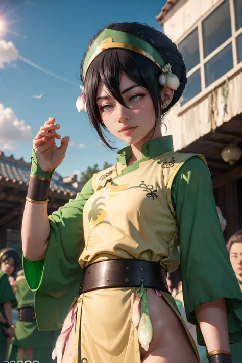 8k, ray tracing, vibrant colors, (1girl), (solo:1.4), (toph beifong:1.4), blind, short hair, hair bun, hairband, grey eyes, chin...