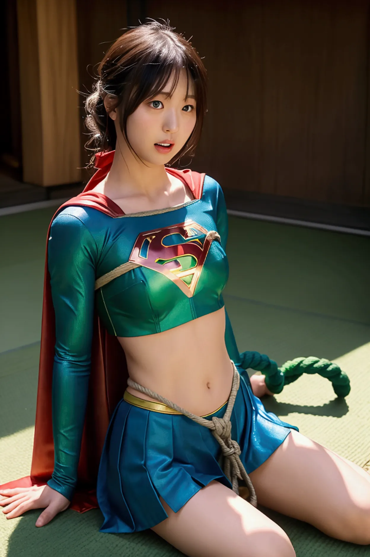 japanese supergirl has a glowing green rope wrapped around her stomach,the rope also wraps around supergirl&#39;s legs.,supergir...