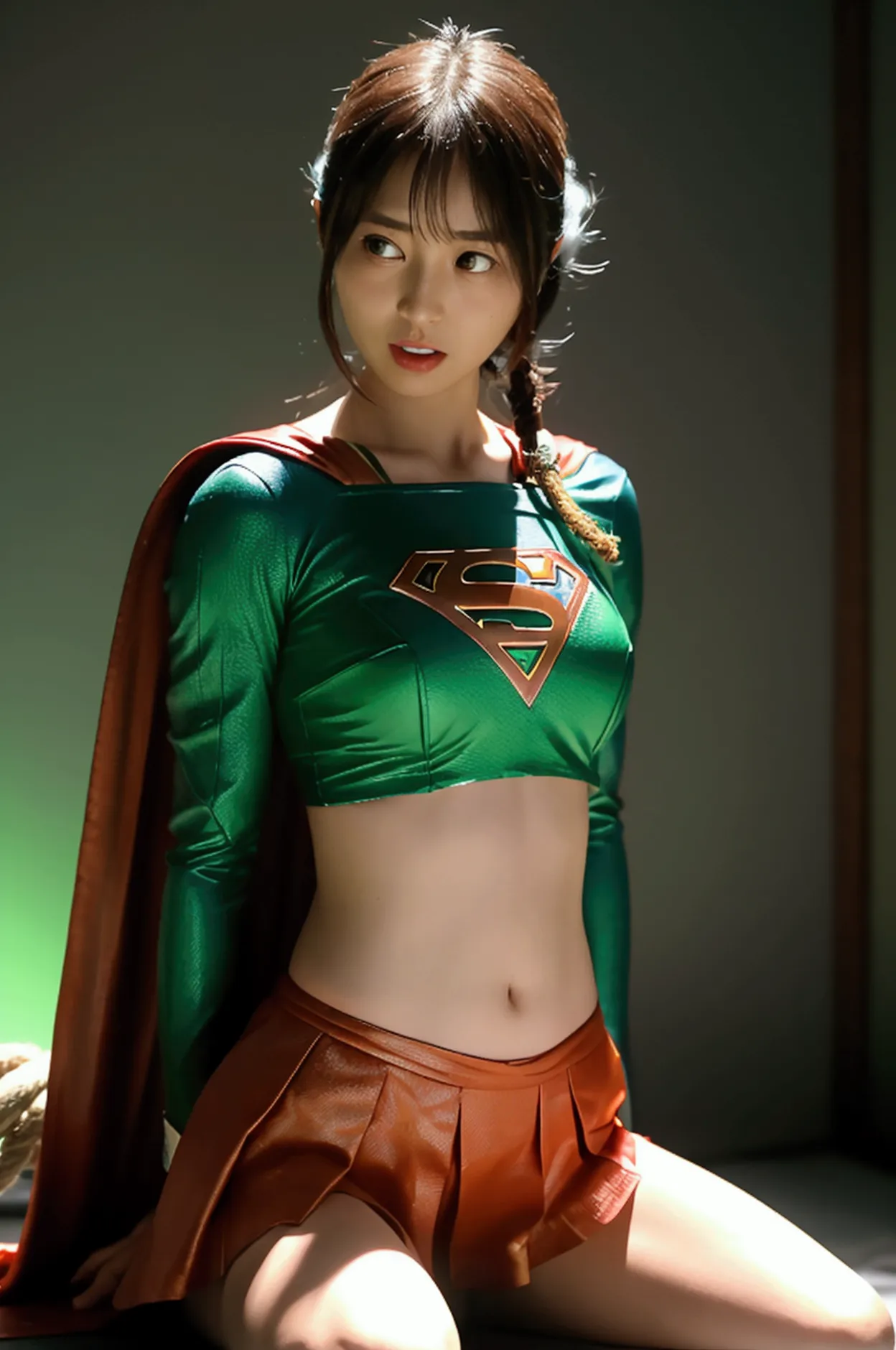 japanese supergirl has a glowing green rope wrapped around her stomach,the rope also wraps around supergirl&#39;s legs.,supergir...