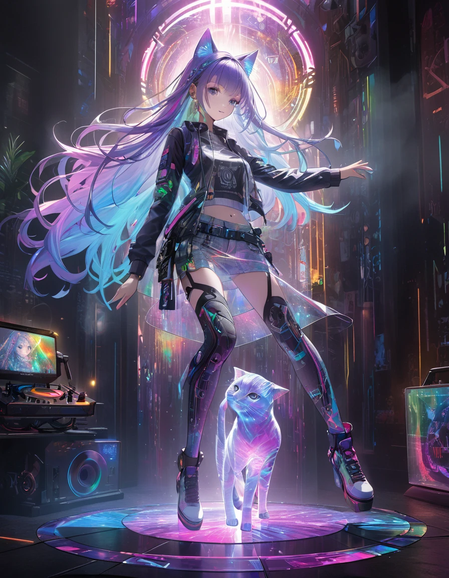 Full color, (transparency:2.0), 
BREAK Ultra-realism, Detailed and realistic skin texture, Detailed and intricate texture, Detailed and intricate brushwork, Detailed and clear depiction, Transparent depiction, aesthetic, 
Girl with cat, DJ girl in a club, cyber punk, White and purple gradient braided long hair, Neon holographic transparent cat dancing like a human, BREAK Neon Art Background, Cinematic lighting effects, Transparent light, Mysterious Light, Fantastic Fog, Cryptical, 
BREAK ((Phantasmal iridescent, holographic)), (Detailed and transparent depiction, transparency:1.6), 