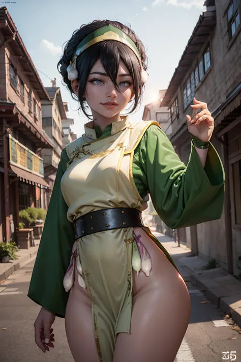 8k, ray tracing, vibrant colors, (1girl), (solo:1.4), (toph beifong:1.4), blind, short hair, hair bun, hairband, grey eyes, chin...