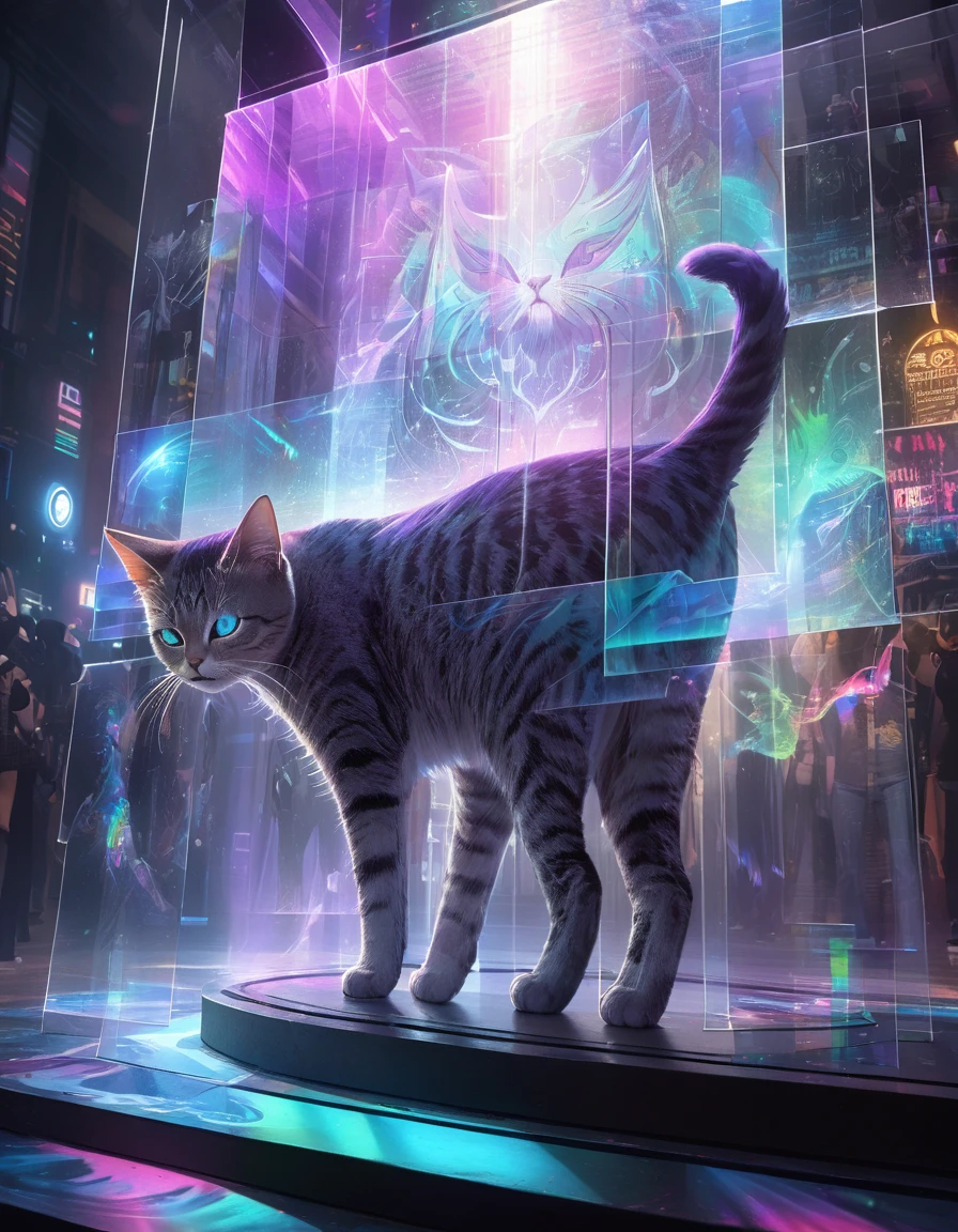 (Full color, (transparency:2.0), BREAK Ultra-realism, Detailed and realistic skin texture, Detailed and intricate texture, Detailed and intricate brushwork, Detailed and clear depiction, Transparent depiction, aesthetic, Girl with cat, DJ girl in a club, cyber punk, White and purple gradient braided long hair, Neon holographic transparent cat dancing like a human, BREAK Neon Art Background, Cinematic lighting effects, Transparent light, Mysterious Light, Fantastic Fog, Cryptical, BREAK ((Phantasmal iridescent, holographic)), (Detailed and transparent depiction, transparency:1.6),