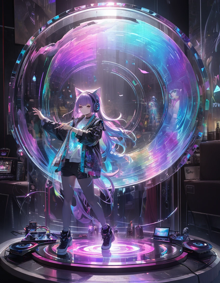 Full color, (transparency:2.0), BREAK Ultra-realism, Detailed and realistic skin texture, Detailed and intricate texture, Detailed and intricate brushwork, Detailed and clear depiction, Transparent depiction, aesthetic, Girl with cat, DJ radio girl in a club, cyber punk, White and purple gradient braided long hair, Neon holographic transparent cat dancing like a human, BREAK Neon Art Background, Cinematic lighting effects, Transparent light, Mysterious Light, Fantastic Fog, Cryptical, BREAK ((Phantasmal iridescent, holographic)), (Detailed and transparent depiction, transparency:1.6),