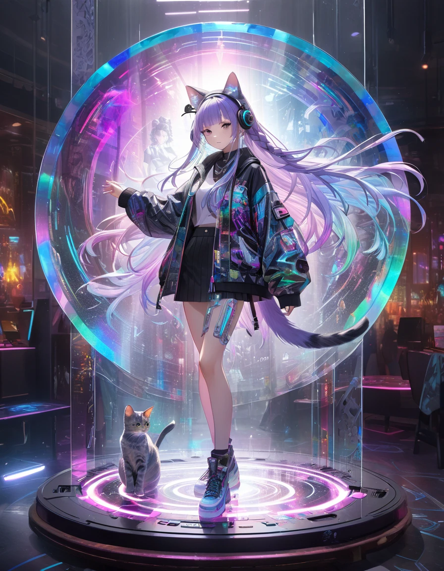 Full color, (transparency:2.0), BREAK Ultra-realism, Detailed and realistic skin texture, Detailed and intricate texture, Detailed and intricate brushwork, Detailed and clear depiction, Transparent depiction, aesthetic, Girl with cat, DJ radio girl in a club, cyber punk, White and purple gradient braided long hair, Neon holographic transparent cat dancing like a human, BREAK Neon Art Background, Cinematic lighting effects, Transparent light, Mysterious Light, Fantastic Fog, Cryptical, BREAK ((Phantasmal iridescent, holographic)), (Detailed and transparent depiction, transparency:1.6),