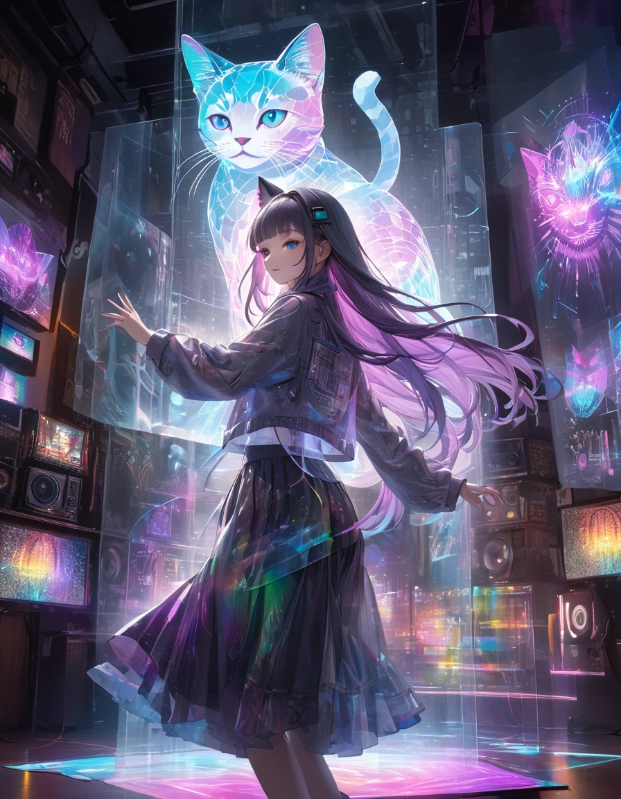 Full color, (transparency:2.0), BREAK Ultra-realism, Detailed and realistic skin texture, Detailed and intricate texture, Detailed and intricate brushwork, Detailed and clear depiction, Transparent depiction, aesthetic, Girl with cat, DJ radio girl in a club, cyber punk, White and purple gradient braided long hair, Neon holographic transparent cat dancing like a human, BREAK Neon Art Background, Cinematic lighting effects, Transparent light, Mysterious Light, Fantastic Fog, Cryptical, BREAK ((Phantasmal iridescent, holographic)), (Detailed and transparent depiction, transparency:1.6),