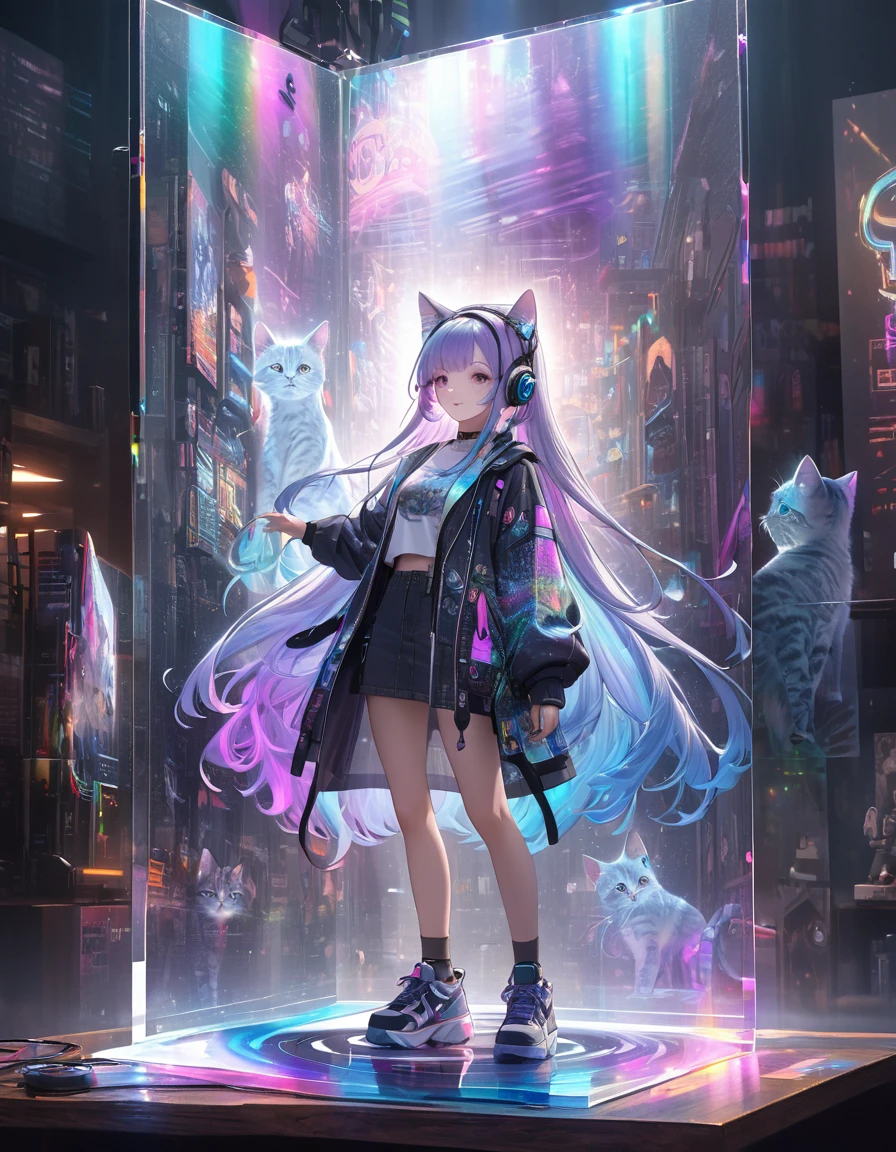 Full color, (transparency:2.0), BREAK Ultra-realism, Detailed and realistic skin texture, Detailed and intricate texture, Detailed and intricate brushwork, Detailed and clear depiction, Transparent depiction, aesthetic, Girl with cat, DJ radio girl in a club, cyber punk, White and purple gradient braided long hair, Neon holographic transparent cat dancing like a human, BREAK Neon Art Background, Cinematic lighting effects, Transparent light, Mysterious Light, Fantastic Fog, Cryptical, BREAK ((Phantasmal iridescent, holographic)), (Detailed and transparent depiction, transparency:1.6),