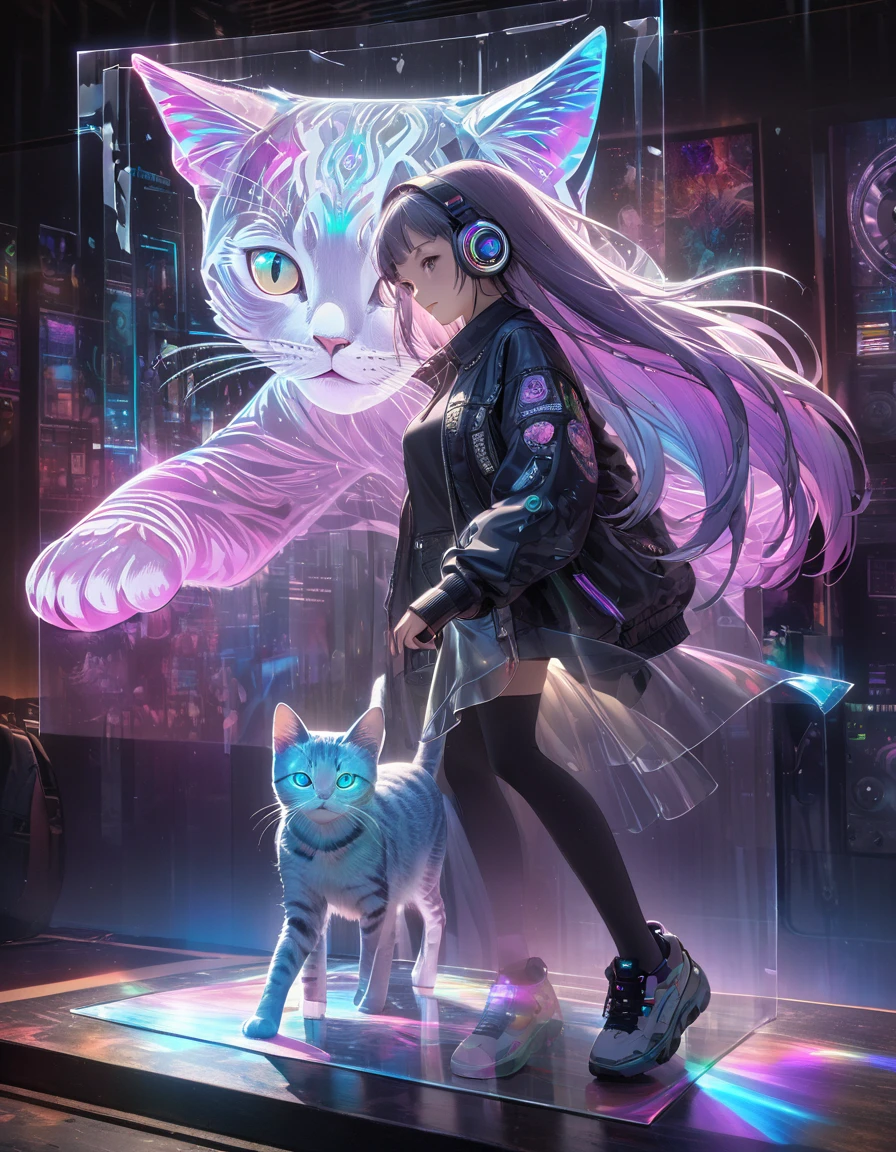 Full color, (transparency:2.0), BREAK Ultra-realism, Detailed and realistic skin texture, Detailed and intricate texture, Detailed and intricate brushwork, Detailed and clear depiction, Transparent depiction, aesthetic, Girl with cat, DJ radio girl in a club, cyber punk, White and purple gradient braided long hair, Neon holographic transparent cat dancing like a human, BREAK Neon Art Background, Cinematic lighting effects, Transparent light, Mysterious Light, Fantastic Fog, Cryptical, BREAK ((Phantasmal iridescent, holographic)), (Detailed and transparent depiction, transparency:1.6),