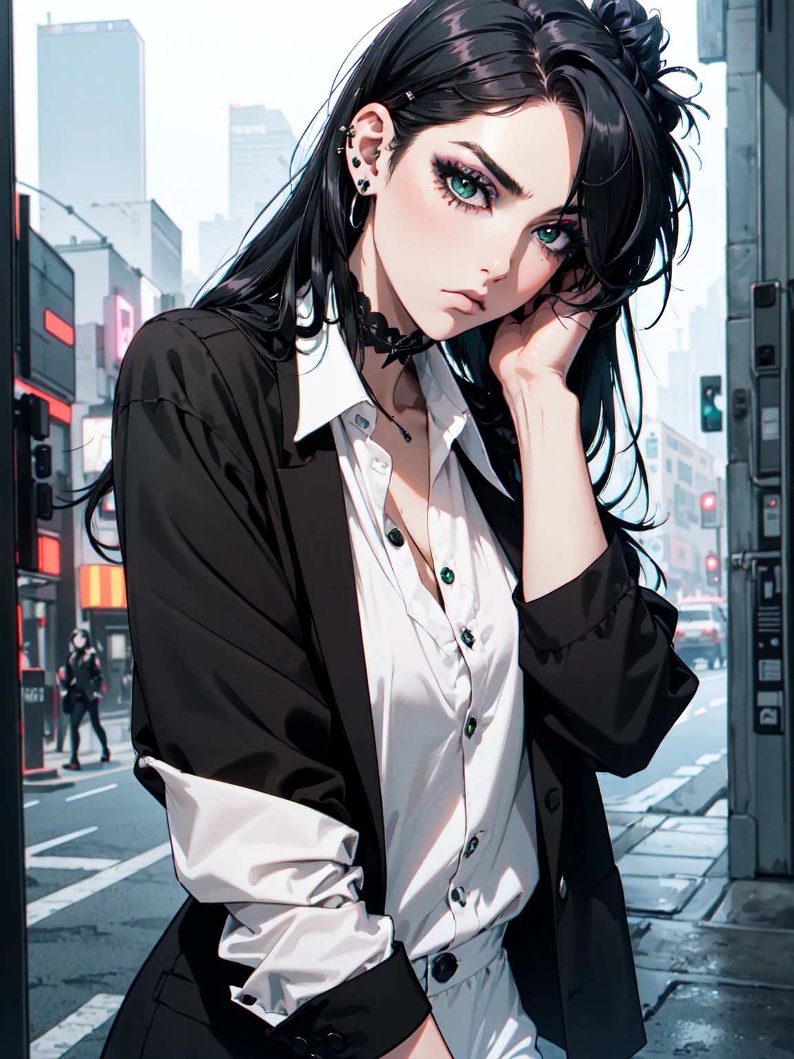 1girl, ((hair over eye)), (tight black lace blazer), black tie, ((long hair)), ((straight hair)), (((black hair))), side swept bangs, white skin, pale, white, (green eye), tired expression, choker, ((dark makeup, mascara, eyeshadow)), multiple piercings, best quality, 8k, cyberpunk city, neon streets, white shirt, erotic
