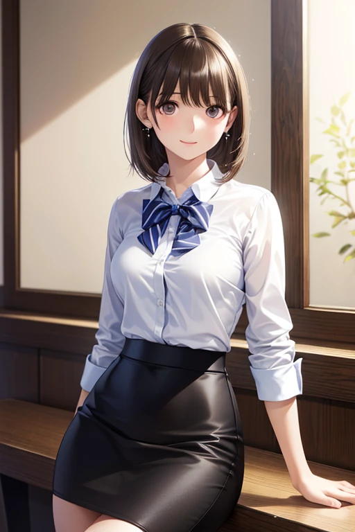 anegasaki nene、Shiny brown hair, short hair, (Beautiful brown eyes、Sparkling eyes, Fine grain)、smile、Ultra-detailed eyes、Highly detailed face, Highly detailed eyes,


(masterpiece, Realistic:1.3), (Very difficult:1.2), (photoRealistic:1.4), (Very delicate), (ultra Realistic:1.3), (Model shooting style), (photographed on a Nikon D500 with Tokina 10-17mm debtisheye lens, 1/250th, debt/11, ISO500), 

(Pale skin, Detailed skin:1.3, Glowing Skin + Glowing Skin:1.1),  Beautiful stud earrings,  Skinny body, debtit body, slim, Tight waist, slim legs, Long legs, Are standing、, 
School, odebtdebtice, 
, jewelry, teacher, blouse, bow tie, blazer, Pencil Skirt, White panties are visible, Curvy,