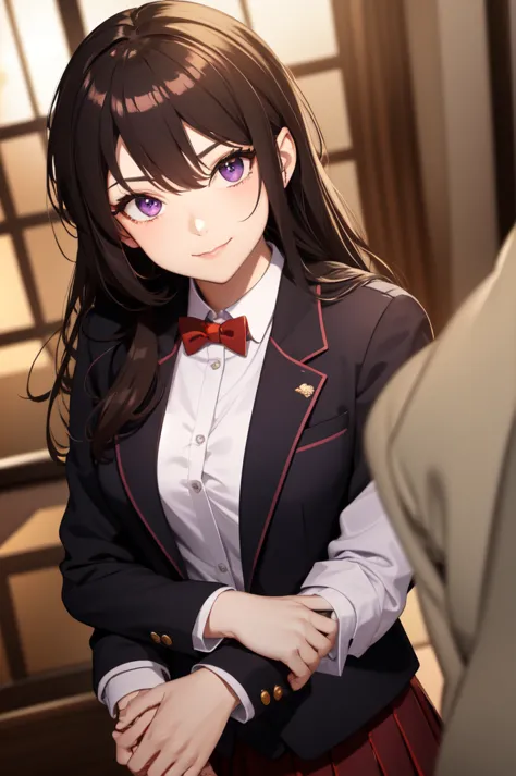 yuki suou, long hair, bangs, brown hair, black hair, hair between eyes, purple eyes, half updo,, shirt, bow, school uniform, jac...