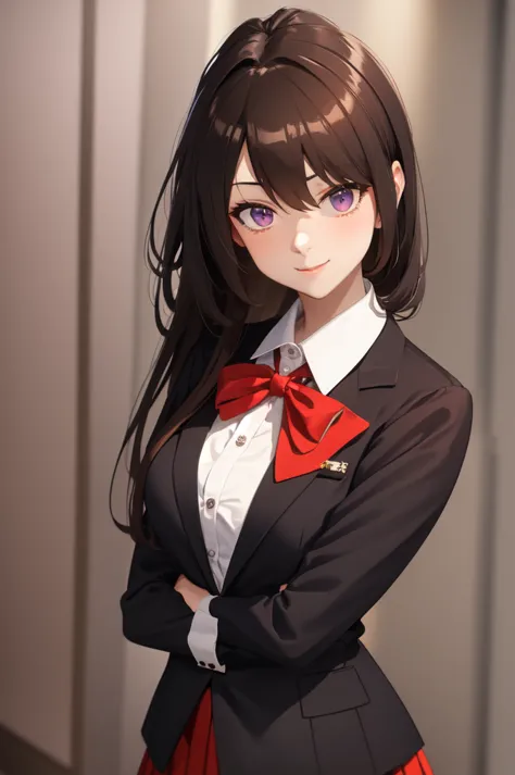 yuki suou, long hair, bangs, brown hair, black hair, hair between eyes, purple eyes, half updo,, shirt, bow, school uniform, jac...