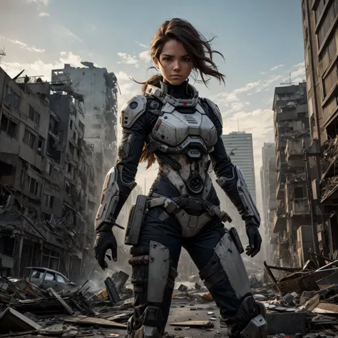 woman, unkempt hair, exosuit chest, torn clothes, war wounds, holds knife, sneaky pose, full body focus, destroyed city backgrou...